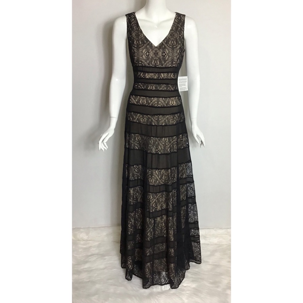 Anne Klein nude black stripe lace gown dress